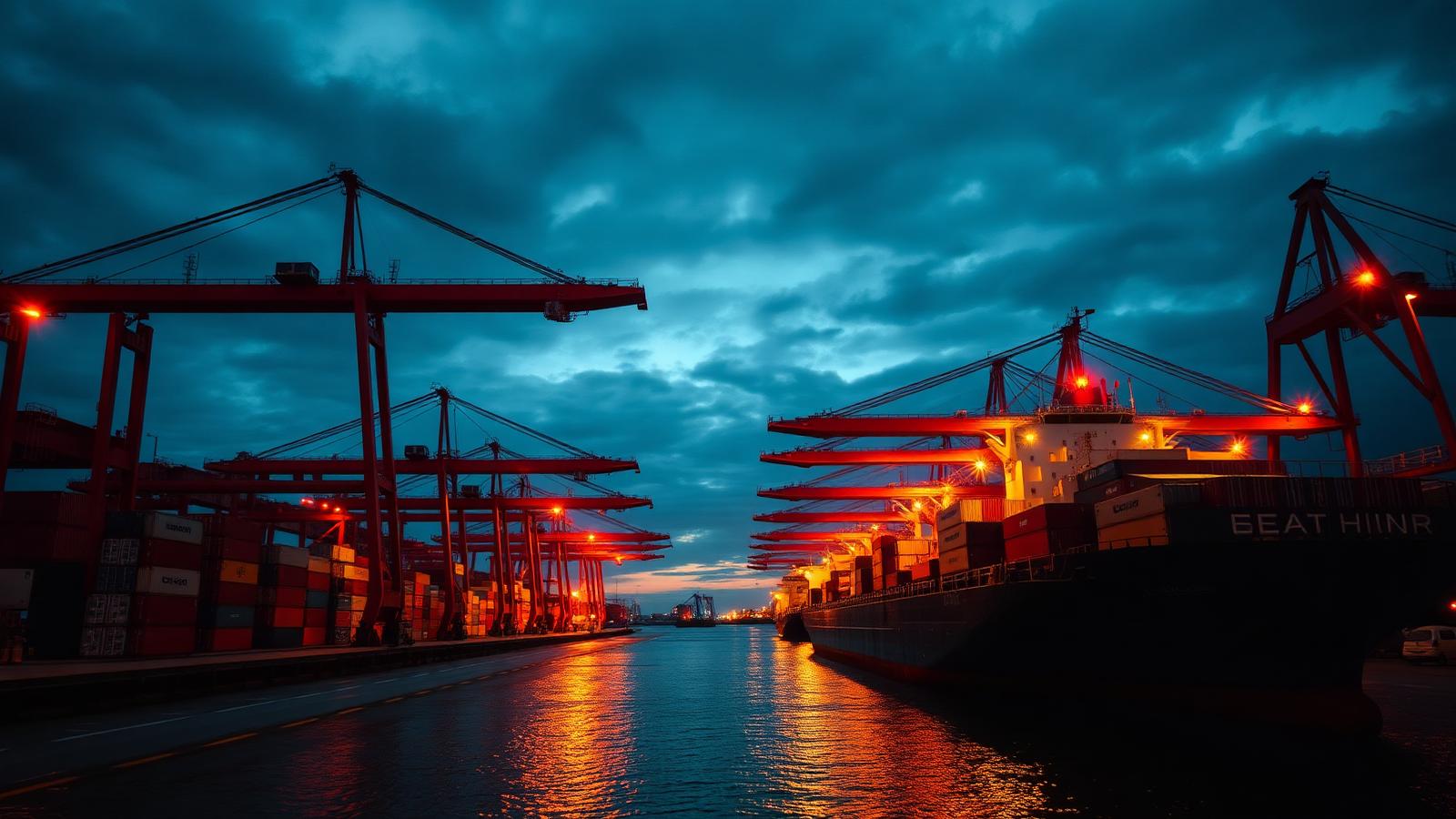 Container port with gantry cranes loading freight for international shipping